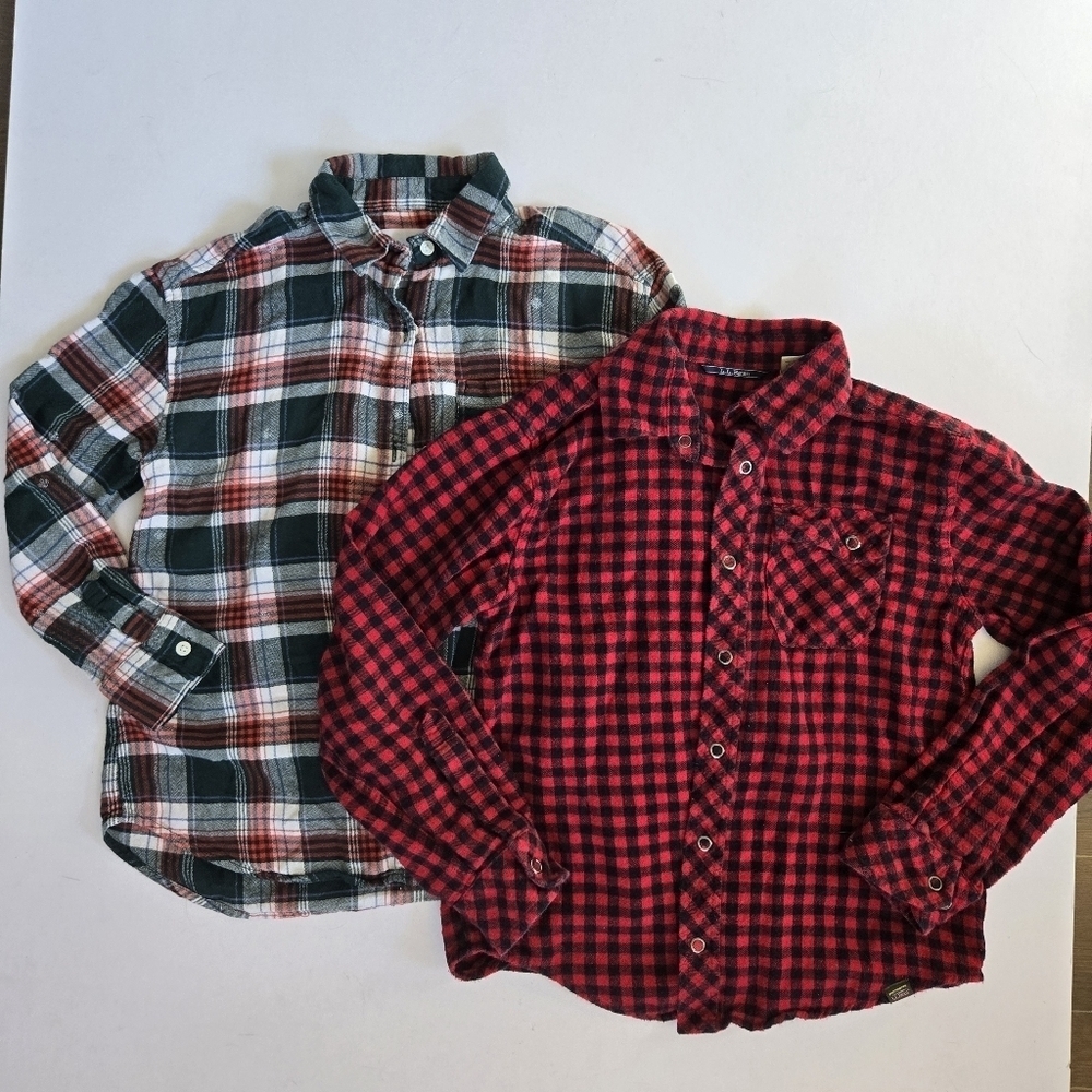 L.L. Bean Old Navy 2 pack flannel plaid gingham long sleeve shirts size 8 boy